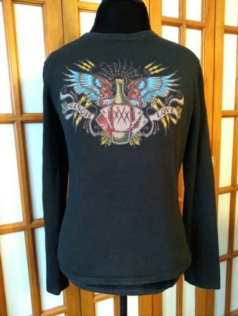 Women's Jr's Vintage Y2K Black Longsleeve Shirt Wings Booze Sz M